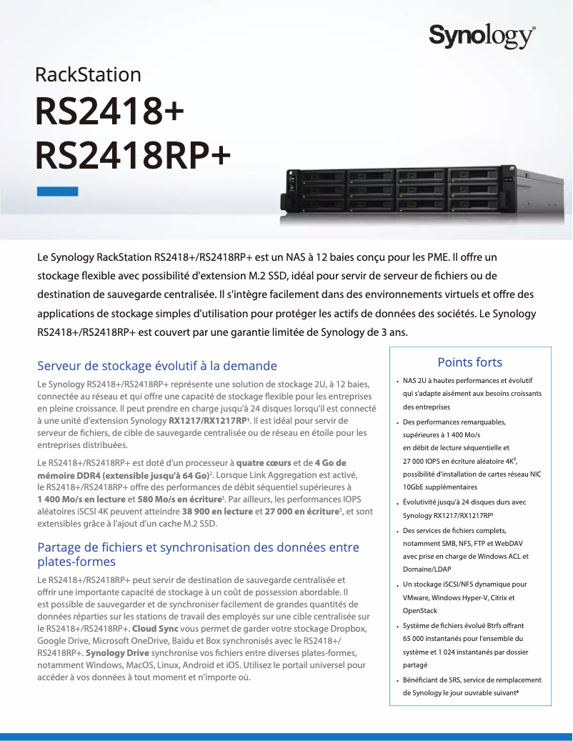 Page n°1 - Fiche technique Synology RackStation RS2418RP+