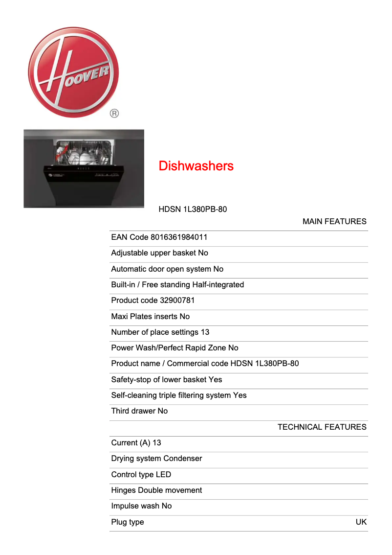 Page 1 de la notice Fiche technique Hoover HDSN 1L380PB-80