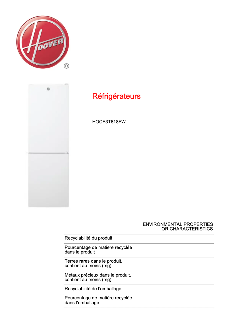 Página 1 del manual Ficha técnica Hoover HOCE3T618FW