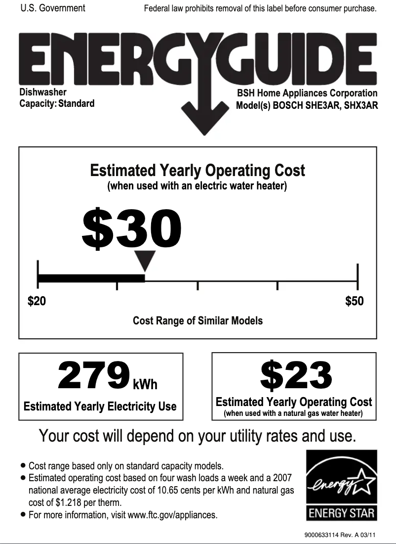 Page 1 de la notice Label énergétique Bosch SHX3AR7