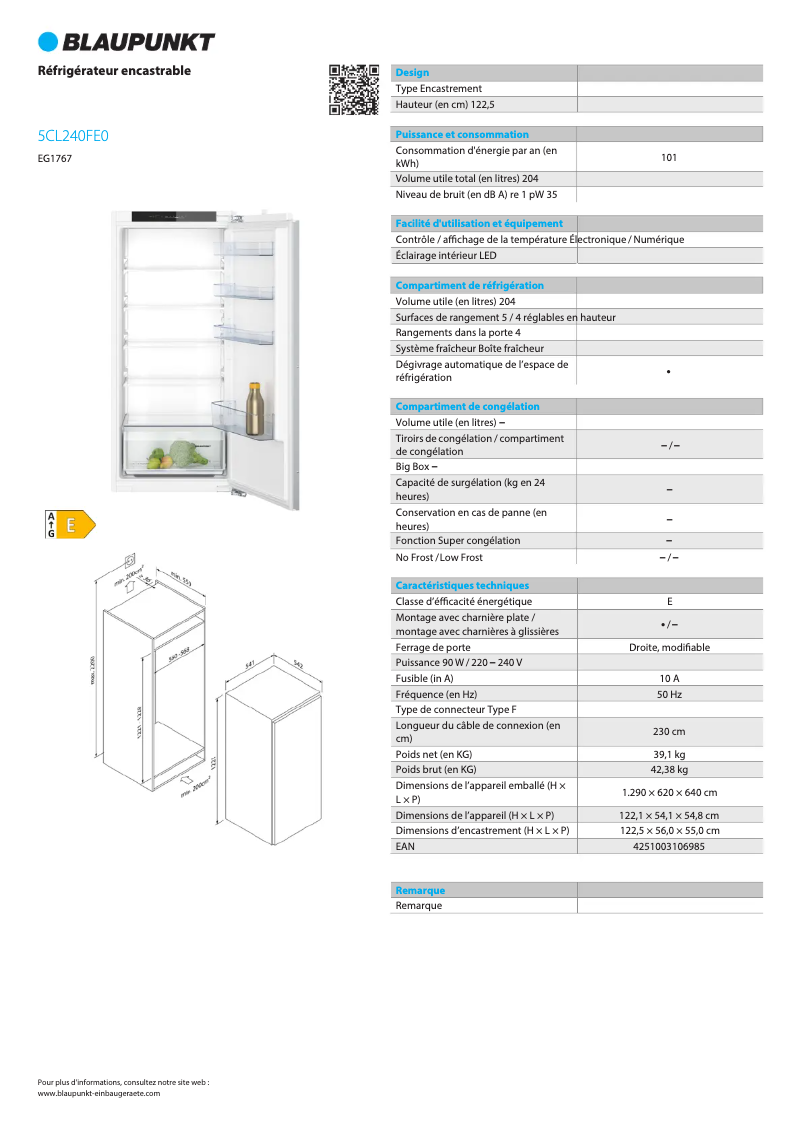 Page 1 de la notice Fiche technique Blaupunkt 5CL240FE0