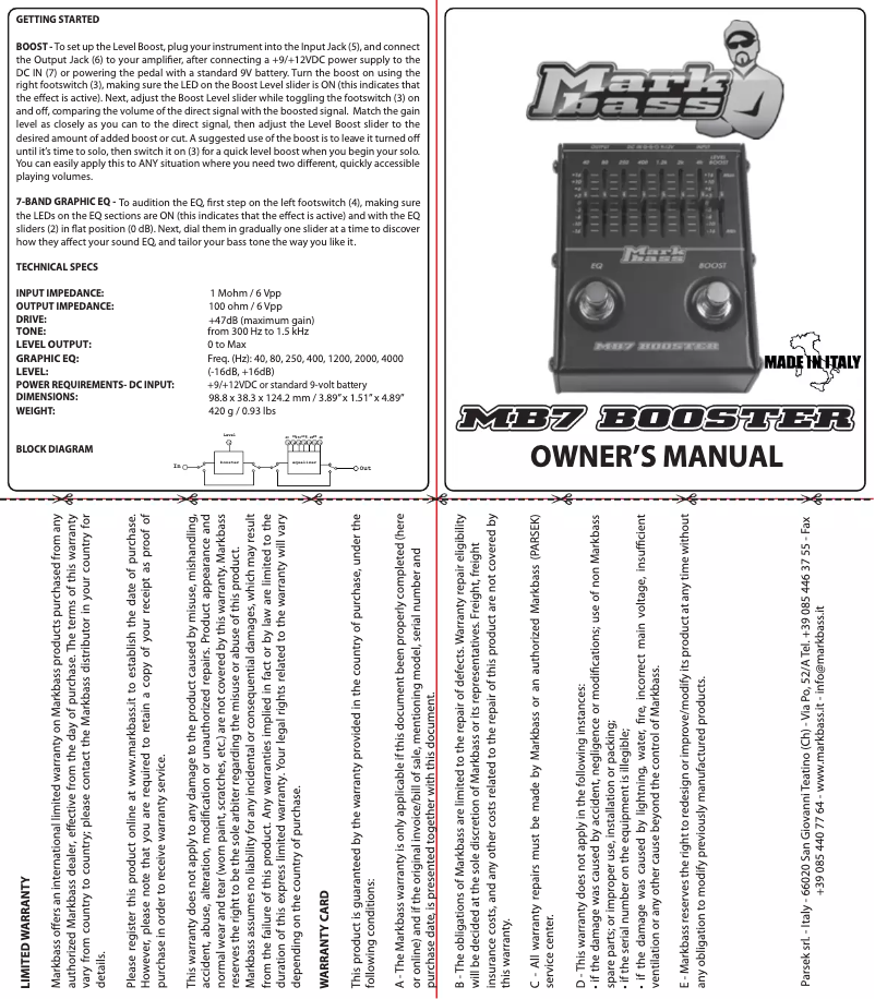 Page n°1 - Manuel utilisateur Markbass MB7 Booster