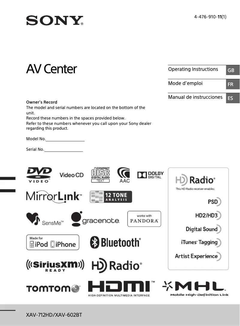 Page 1 de la notice Manuel utilisateur Sony XAV-712HD