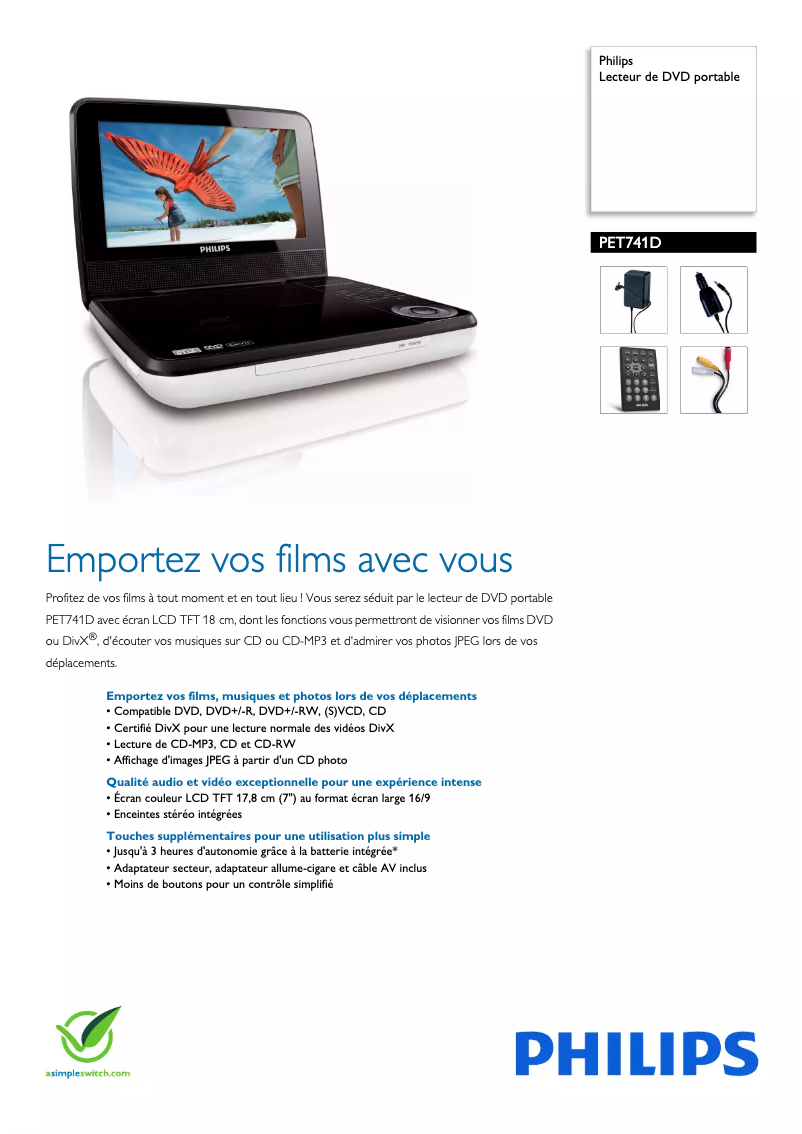 Page 1 de la notice Fiche technique Philips PET741D
