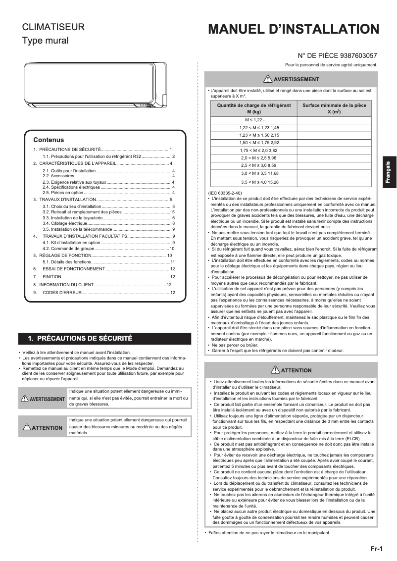 Page 1 de la notice Manuel utilisateur Fujitsu ASHG09KGTB