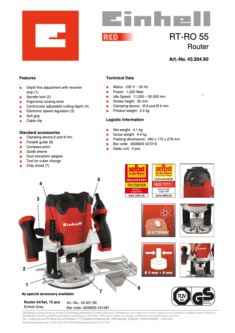 Page 1 de la notice Fiche technique Einhell RT-RO 55