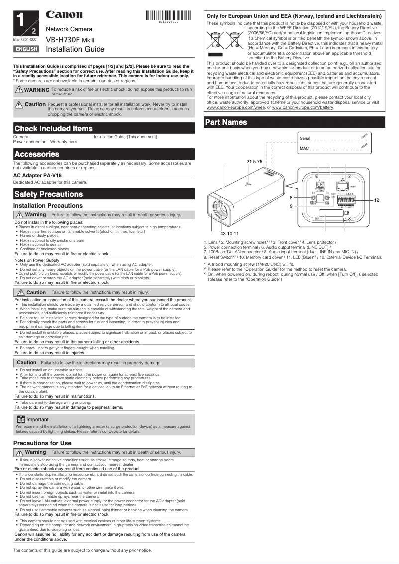 Page 1 de la notice Guide d'installation Canon VB-H730F Mk II