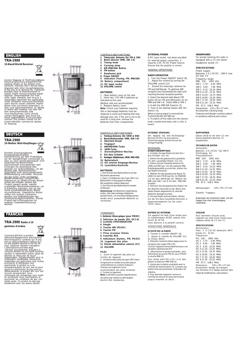 Page 1 de la notice Mode d'emploi Roadstar TRA-2988
