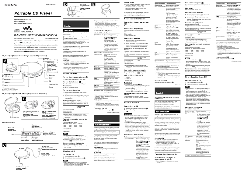 Page 1 de la notice Manuel utilisateur Sony Discman D-EJ368CK