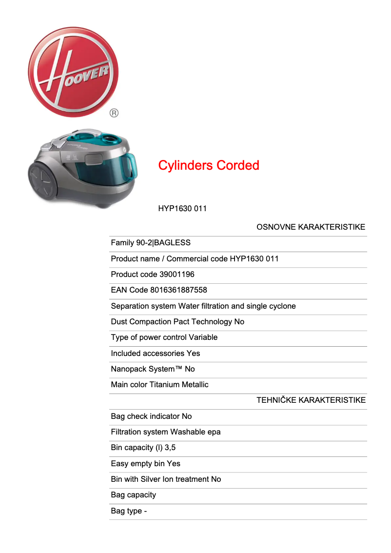 Page 1 de la notice Fiche technique Hoover HYP1630 011