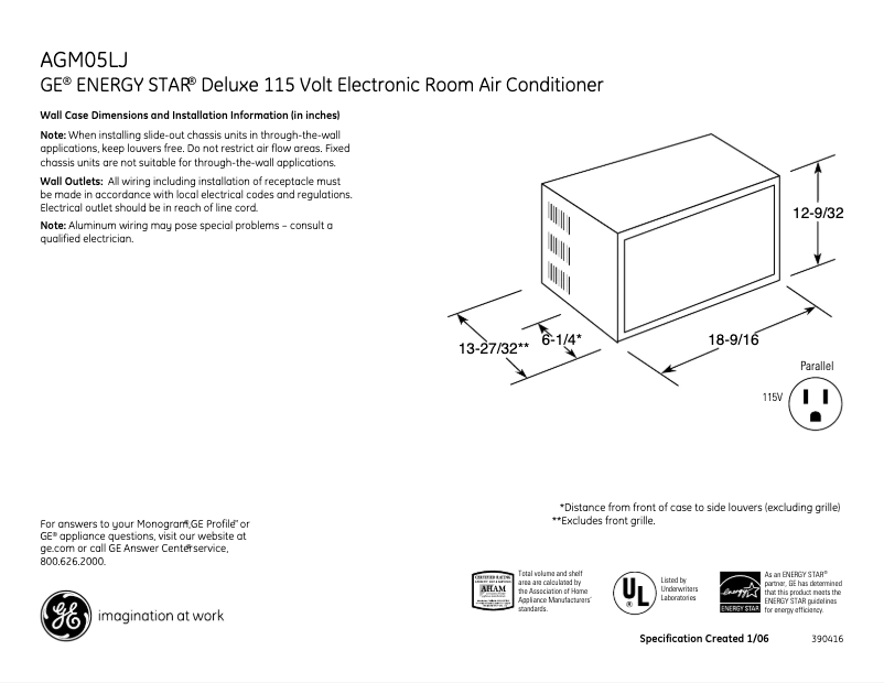 Page n°1 - Fiche technique GE AGM05LJ