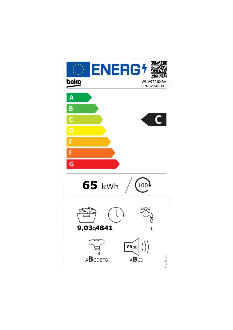 Page 1 de la notice Label énergétique Beko WUV9726XBA