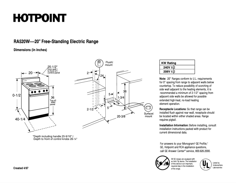 Page 1 de la notice Fiche technique Hotpoint RA520WAD