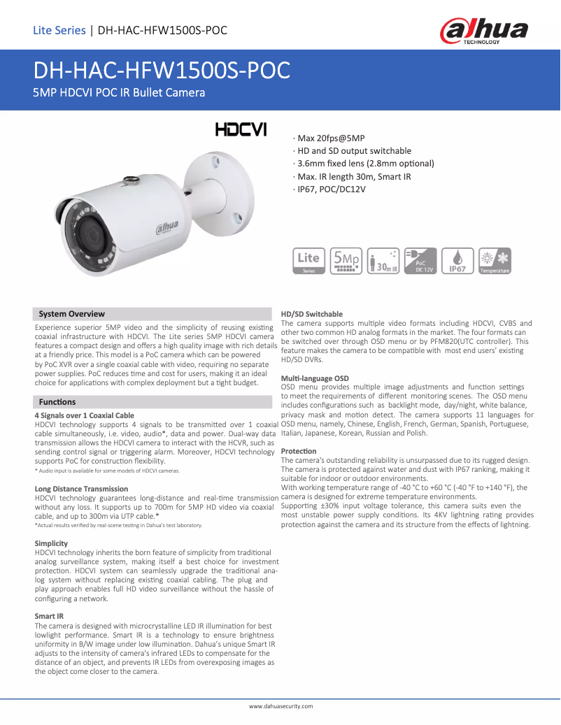 Page n°1 - Fiche technique Dahua Technology HAC-HFW1500S-POC