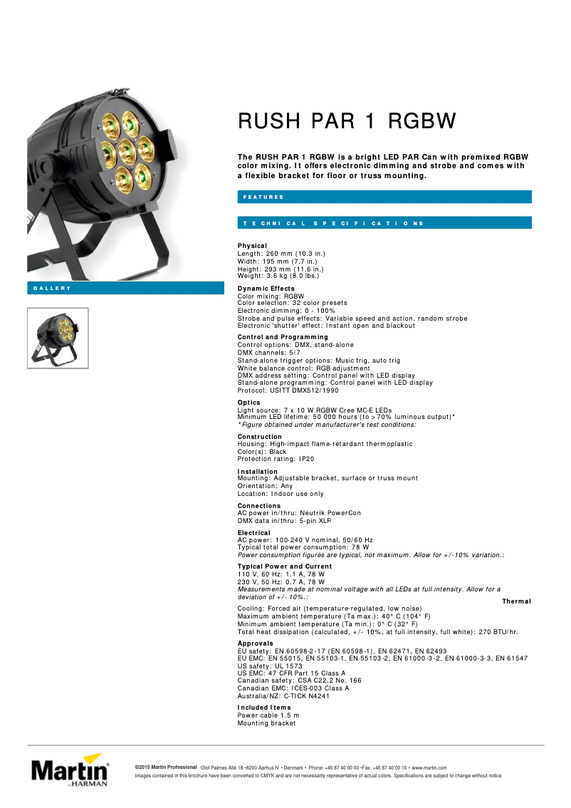 Page n°1 - Fiche technique Martin RUSH PAR 1 RGBW