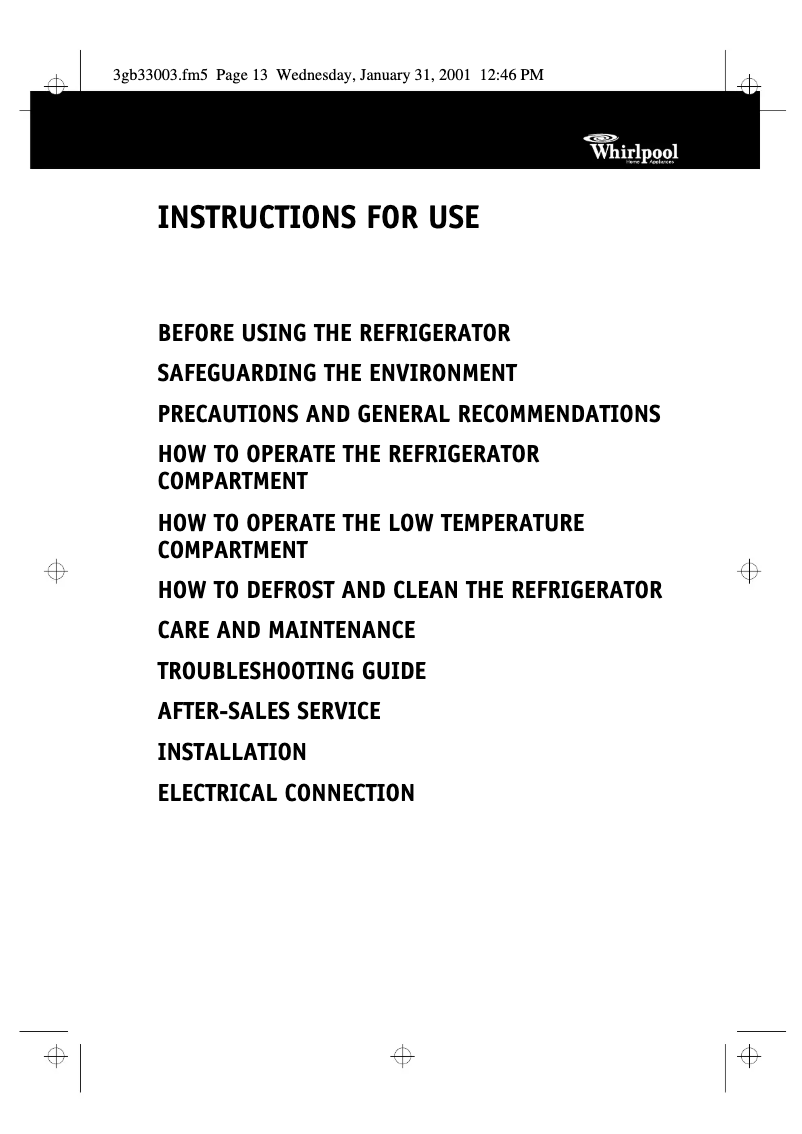 Page 1 de la notice Manuel utilisateur Whirlpool ARZ 1210 H