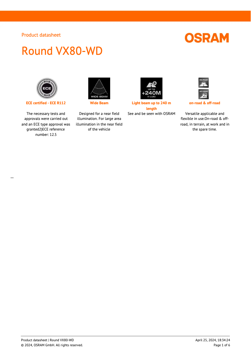 Page 1 de la notice Fiche technique Osram VX80-WD