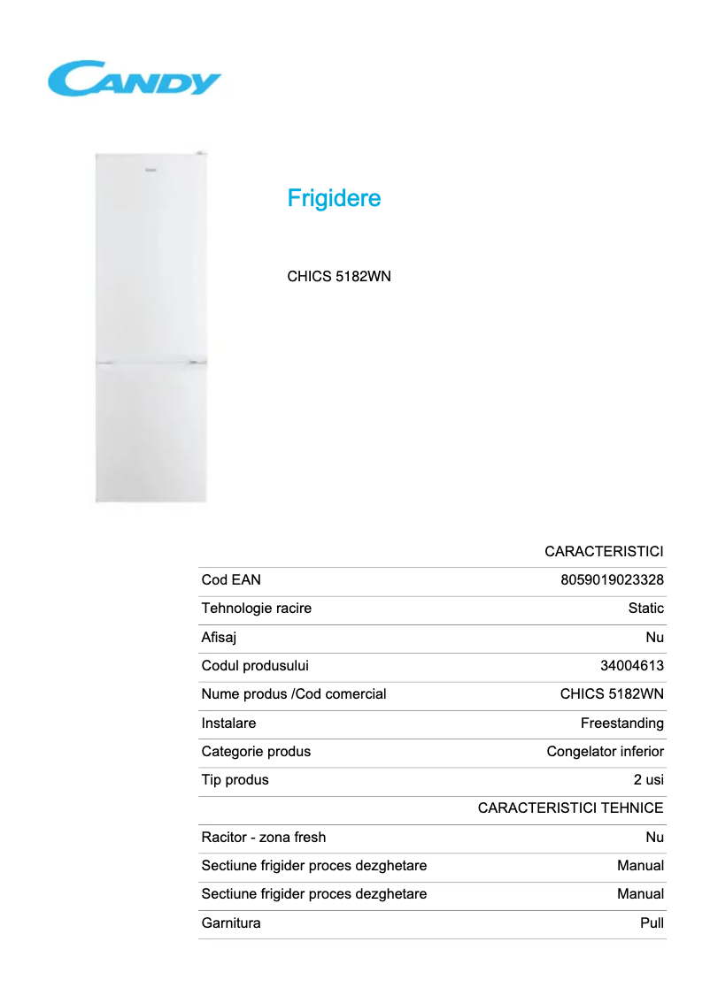 Page 1 de la notice Fiche technique Candy CHICS 5182WN