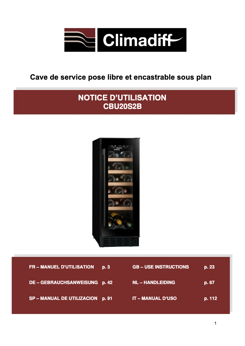 Page 1 de la notice Manuel utilisateur Climadiff CBU20S2B