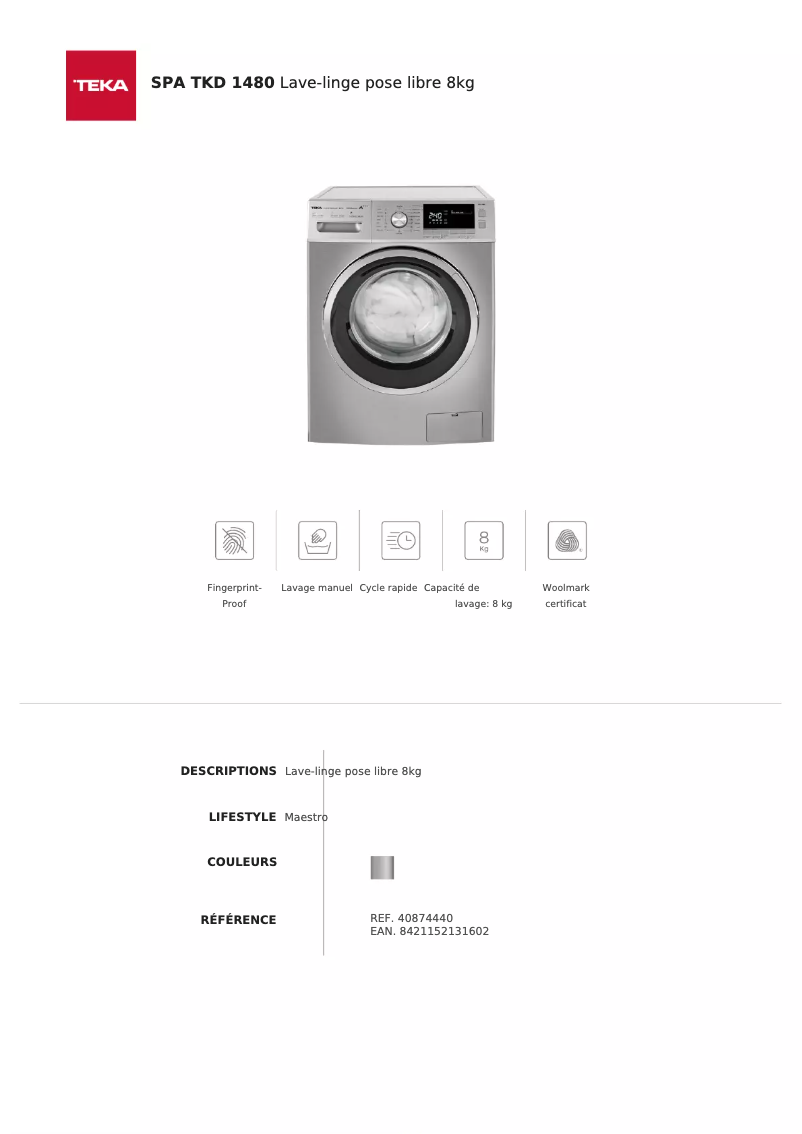 Page 1 de la notice Fiche technique Teka SPA TKD 1480