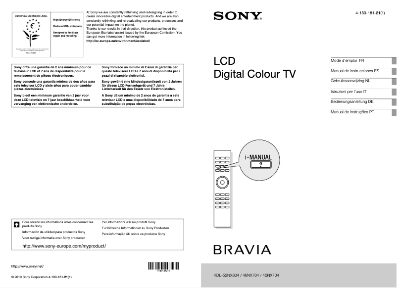Image de la première page du manuel de l'appareil Bravia KDL-46NX704