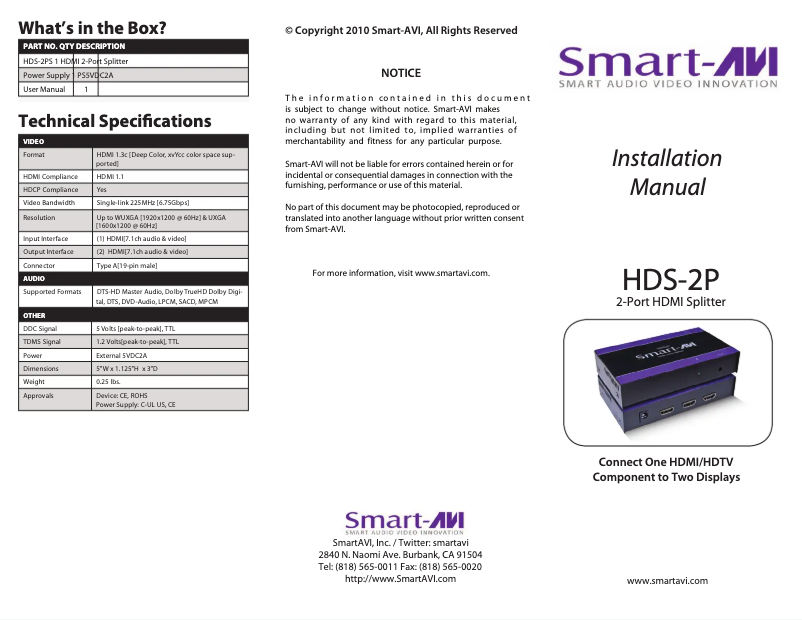 Page n°1 - Manuel utilisateur Smart-AVI HDS2PS