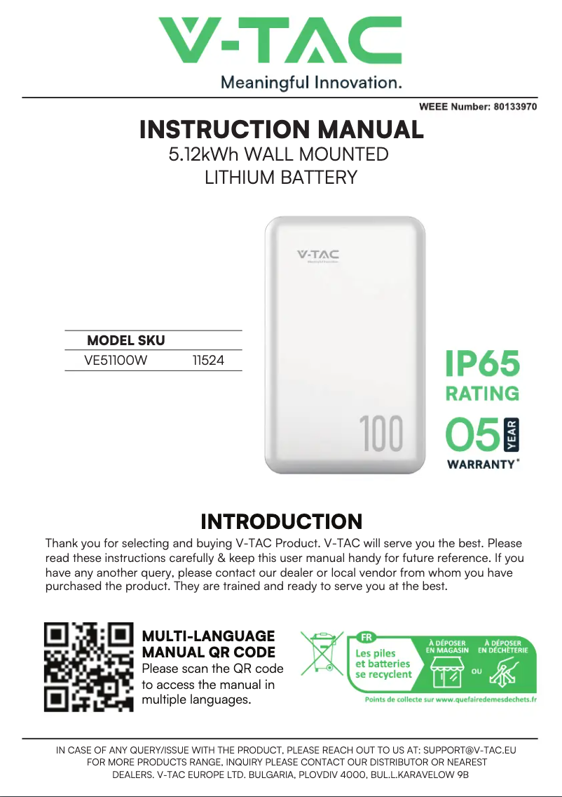 Page 1 de la notice Manuel utilisateur V-TAC VE51100W