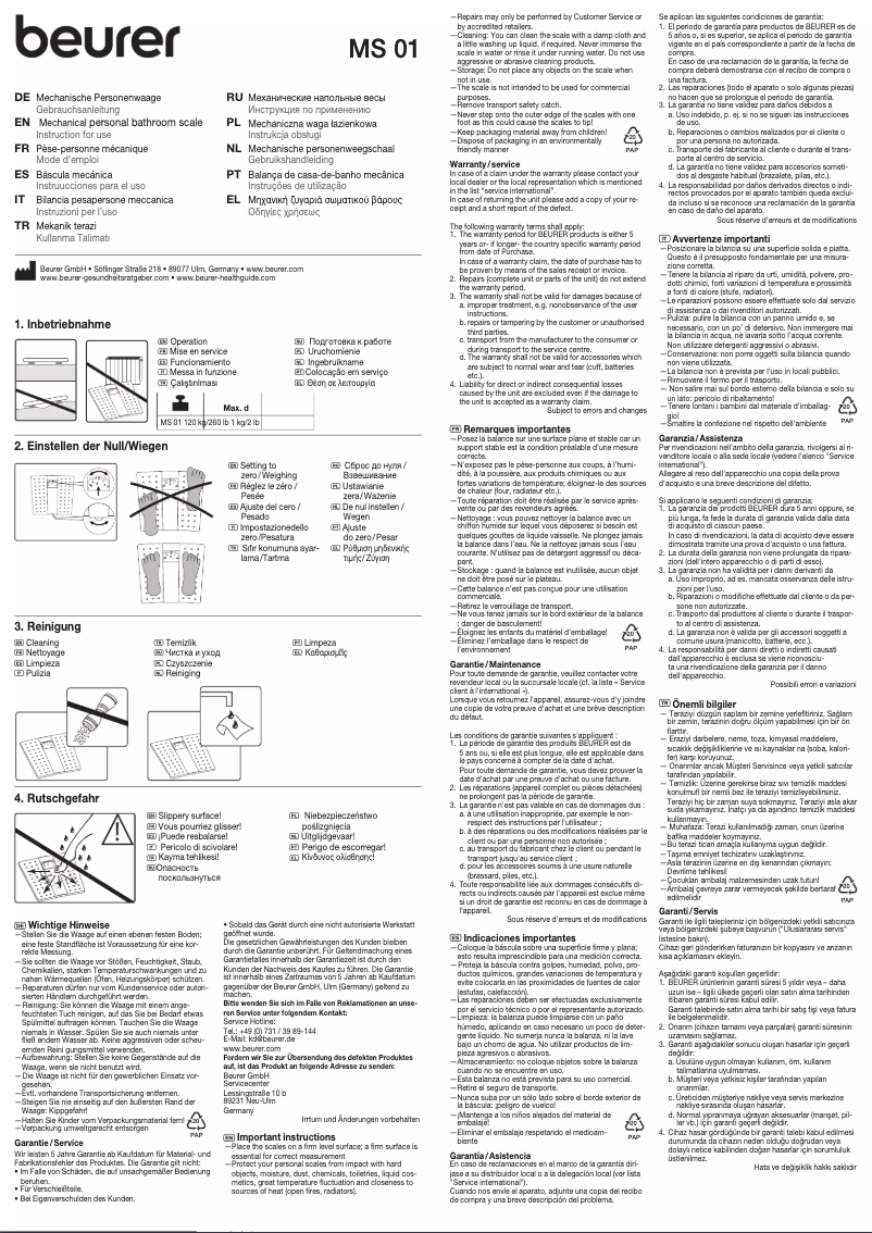Page 1 de la notice Manuel d'utilisation et d'entretien Beurer MS 01