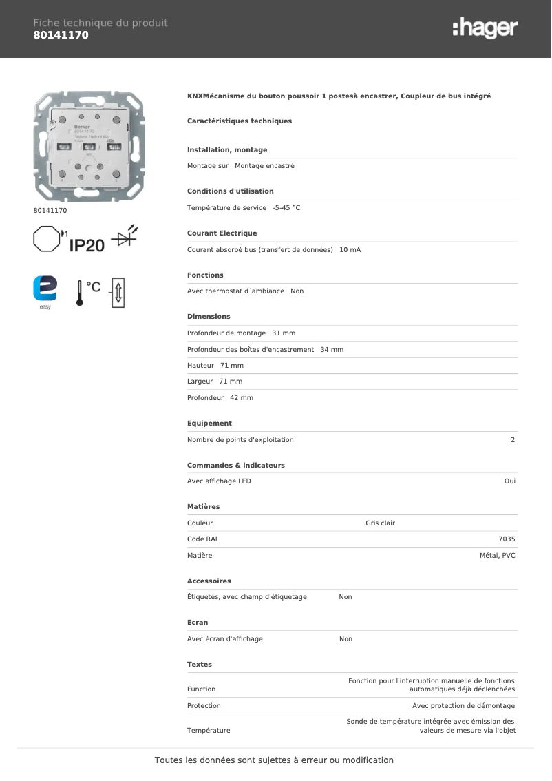 Page n°1 - Fiche technique Hager 80141170