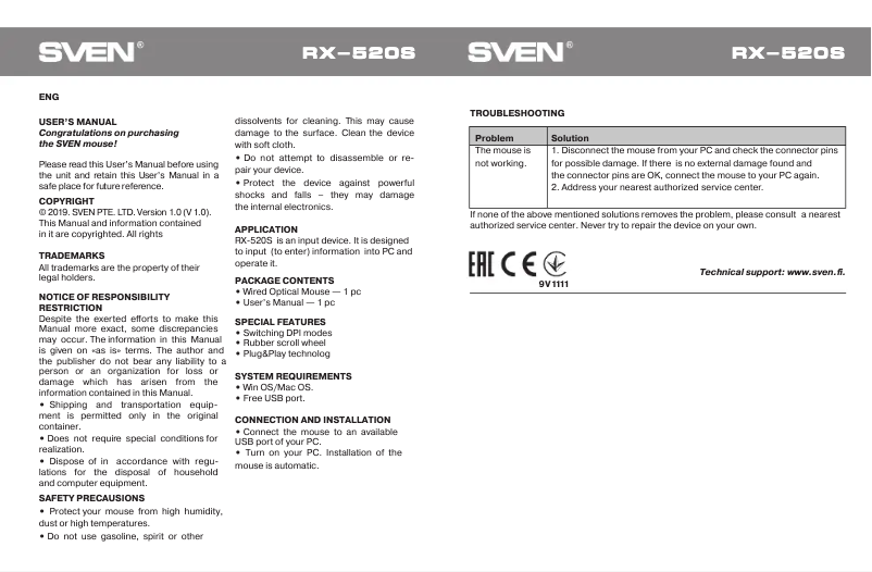 Page 1 de la notice Manuel utilisateur Sven RX-520S