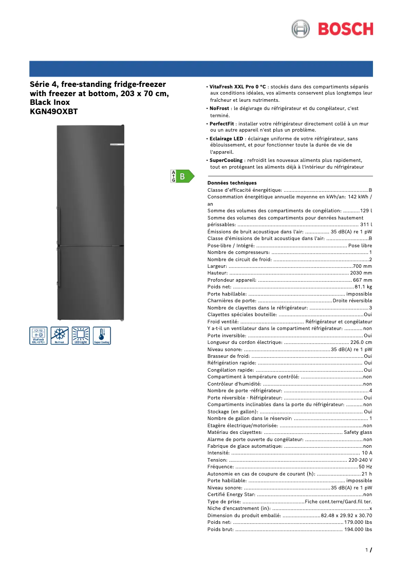 Página 1 del manual Ficha técnica Bosch KGN49OXBT