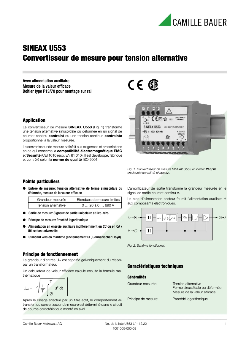 Page 1 de la notice Fiche technique Camille Bauer SINEAX U553