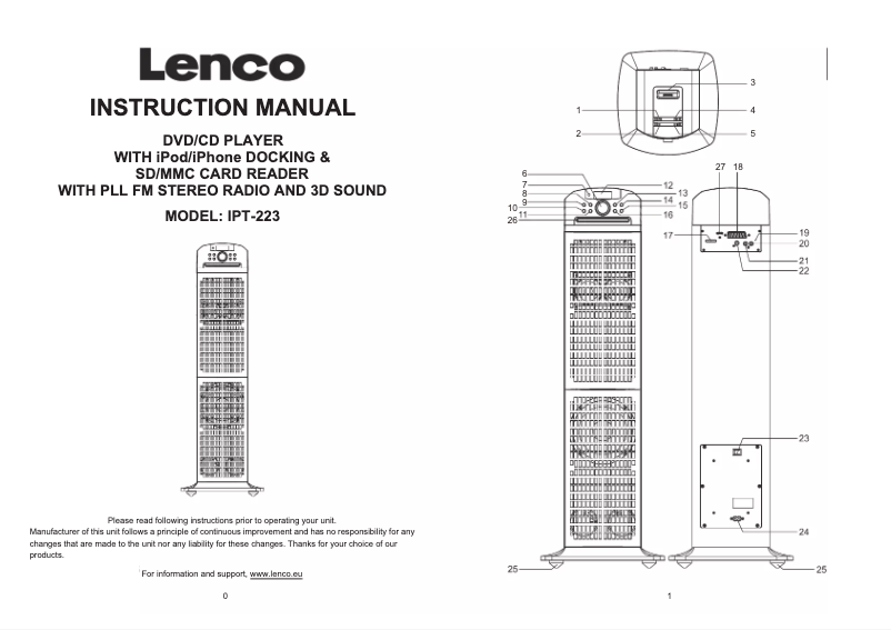 Page n°1 - Manuel utilisateur Lenco IPT-223