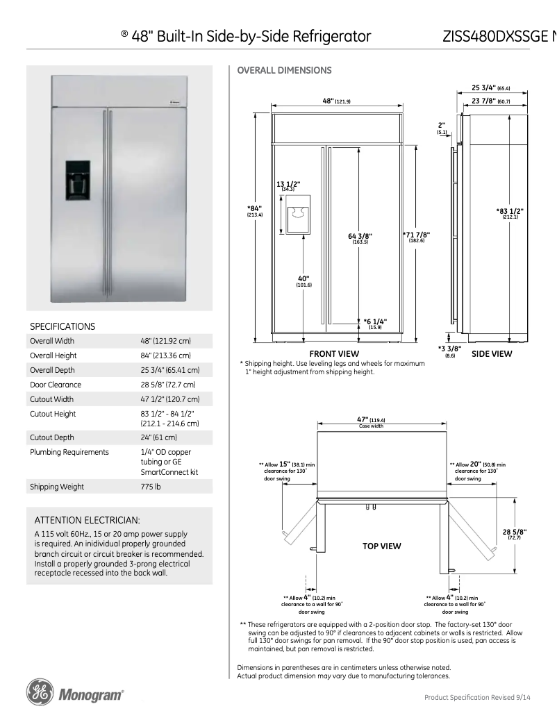 Page 1 de la notice Fiche technique GE ZISS480DXSS