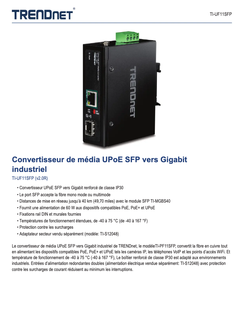 Page n°1 - Fiche technique TRENDnet TI-UF11SFP