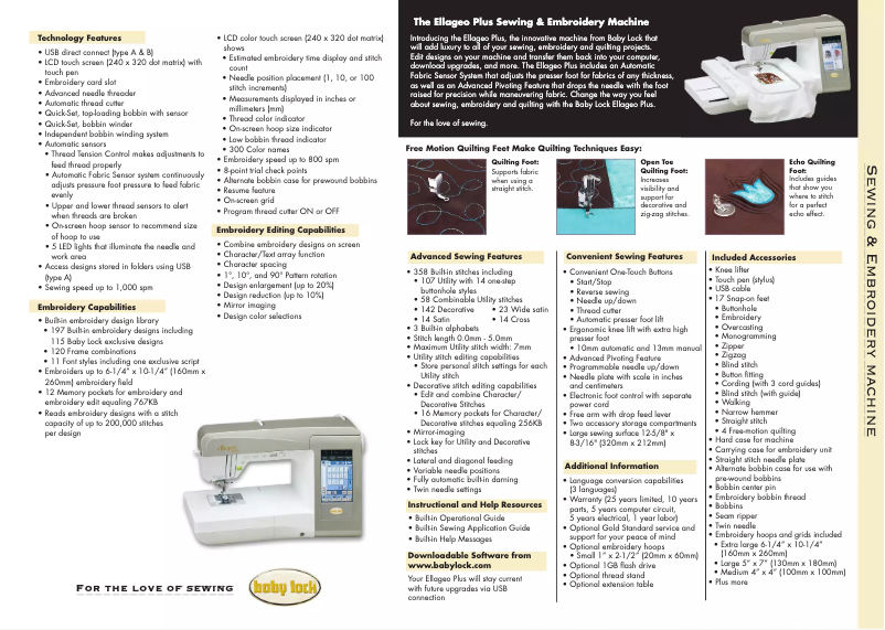 Página 1 del manual Ficha técnica Baby Lock Ellageo Plus