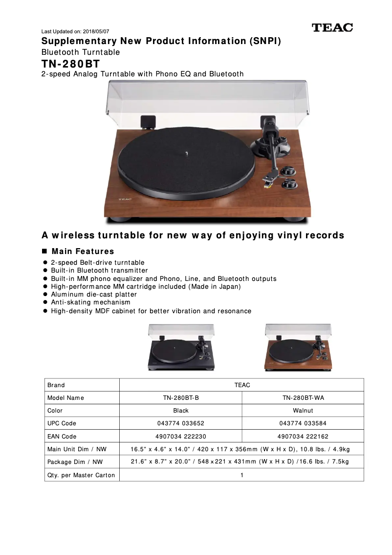 Page n°1 - Fiche technique Teac TN-280BT