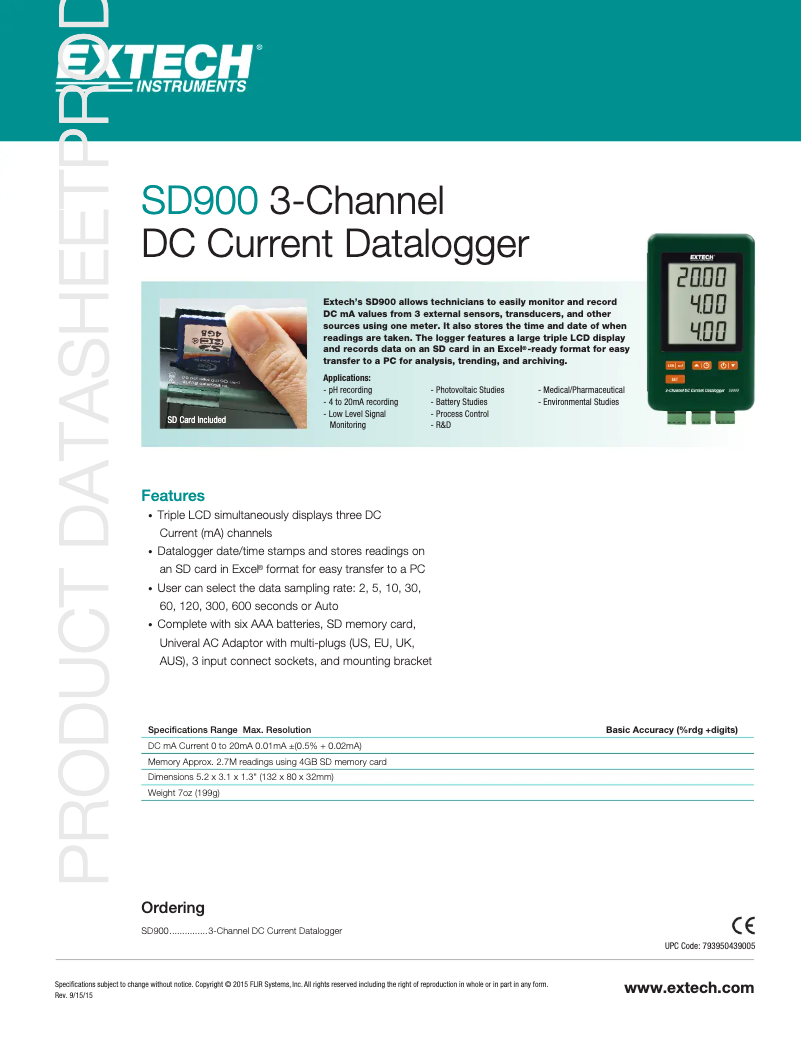Page 1 de la notice Fiche technique Extech SD900