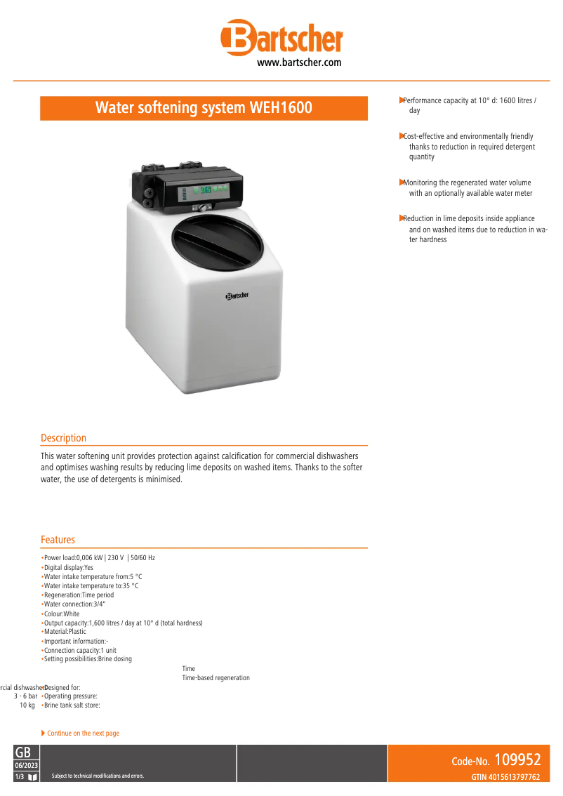 Page 1 de la notice Manuel utilisateur Bartscher WEH1600