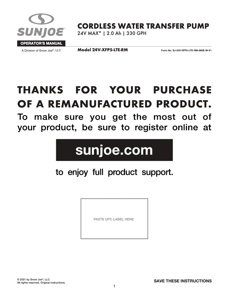 Page 1 de la notice Manuel utilisateur Sun Joe 24V-XFP5-LTE-RM