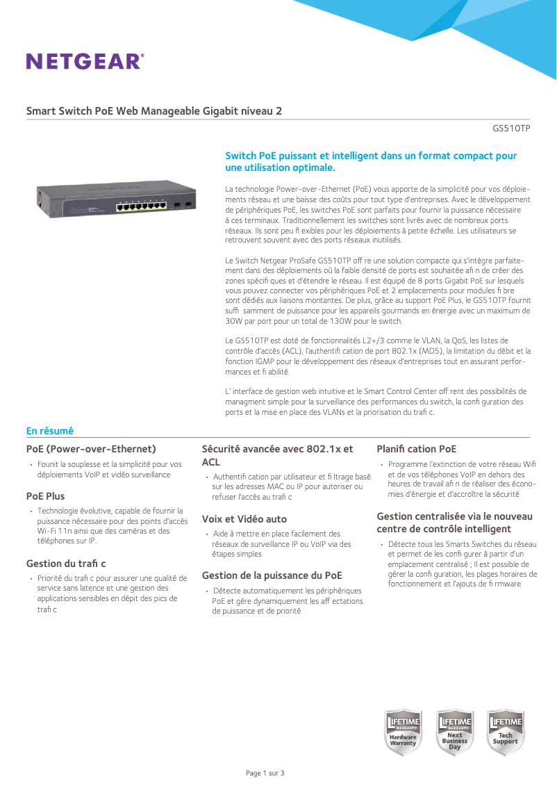 Page 1 de la notice Fiche technique Netgear GS510TP