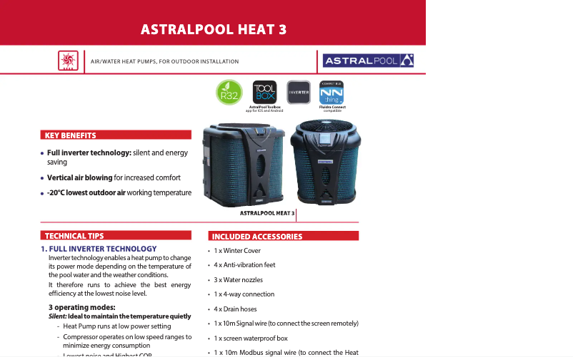 Page 1 de la notice Fiche technique AstralPool APH3 Inverboost