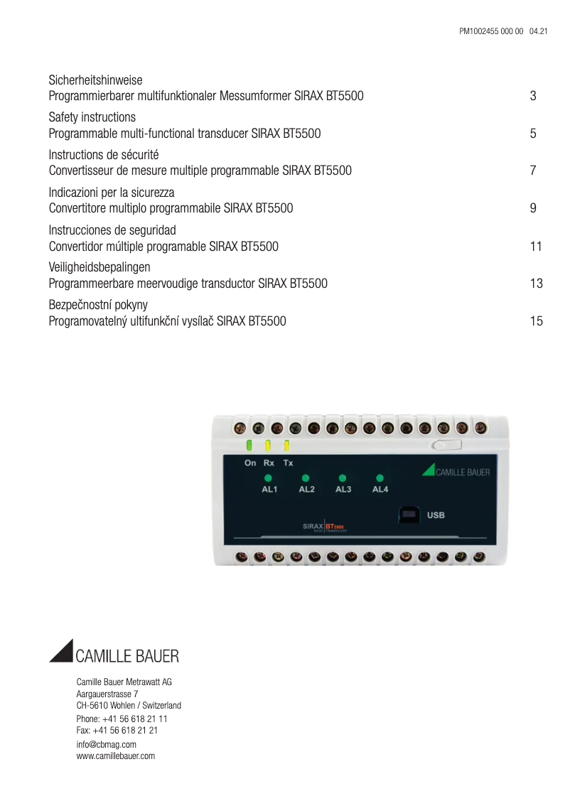 Page 1 de la notice Instructions de sécurité Camille Bauer SIRAX BT5500
