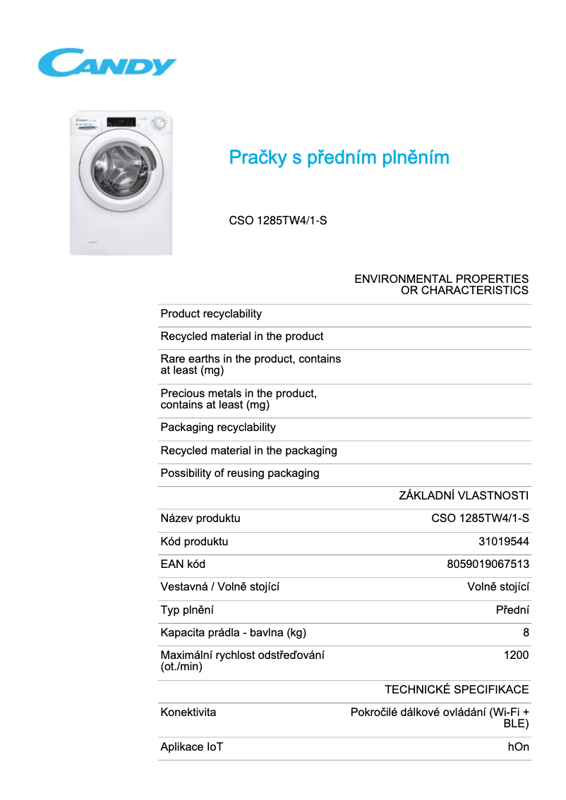 Page 1 de la notice Fiche technique Candy CSO 1285TW4/1-S