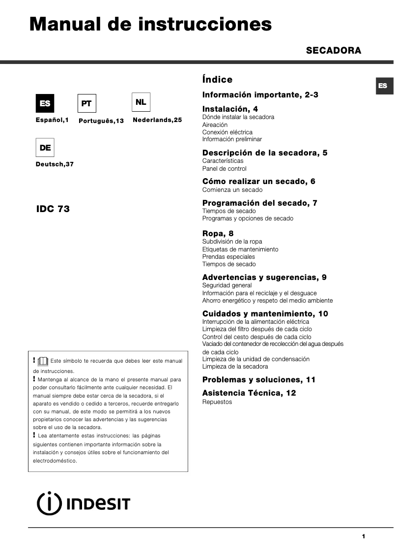 Page 1 de la notice Manuel utilisateur Indesit IDC 73