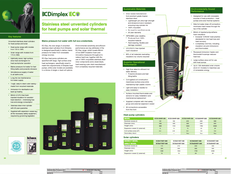 Page 1 de la notice Fiche technique Dimplex ECS300HPST-580