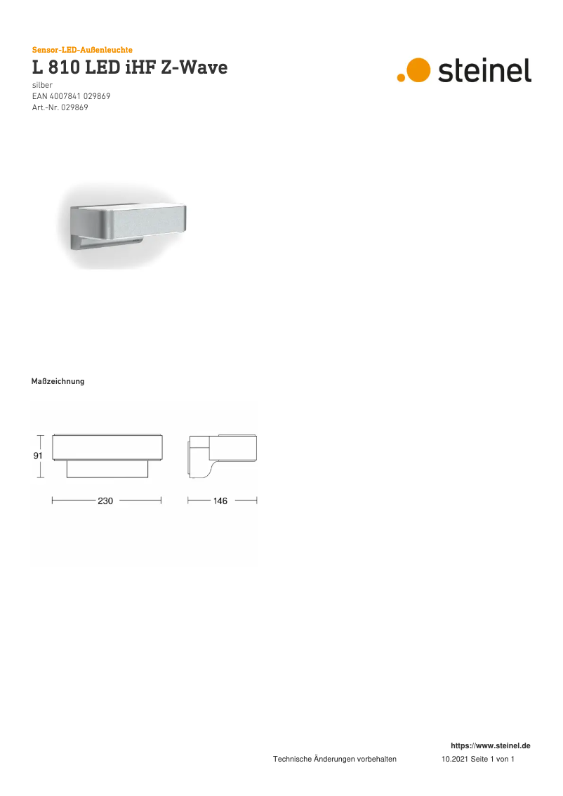 Page 1 de la notice Dessin technique Steinel L 810 LED iHF Z