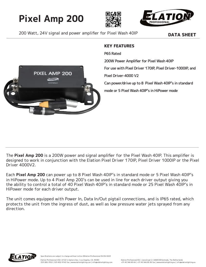 Page 1 of the manual Technical Sheet Elation PIXEL AMP 200