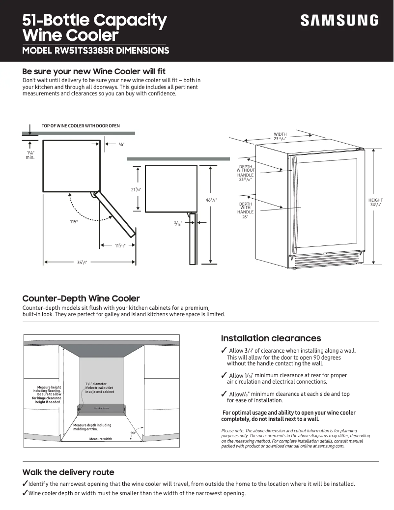 Page 1 de la notice Guide de mesure Samsung RW51TS338SR