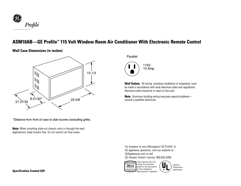Página 1 del manual Ficha técnica GE Profile ASM10AB